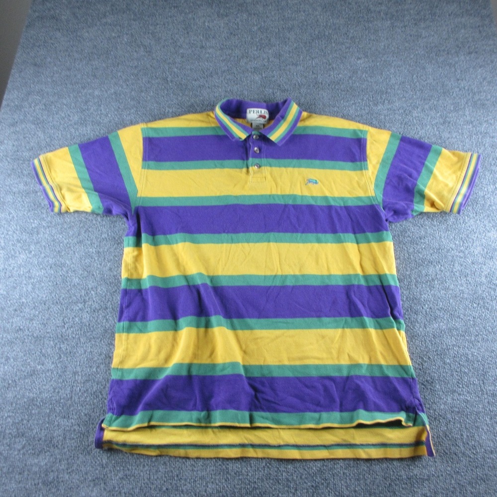 Perlis Polo Shirt Mens XL Mardi Gras Striped Short Sleeve Cotton Crawfish Logo